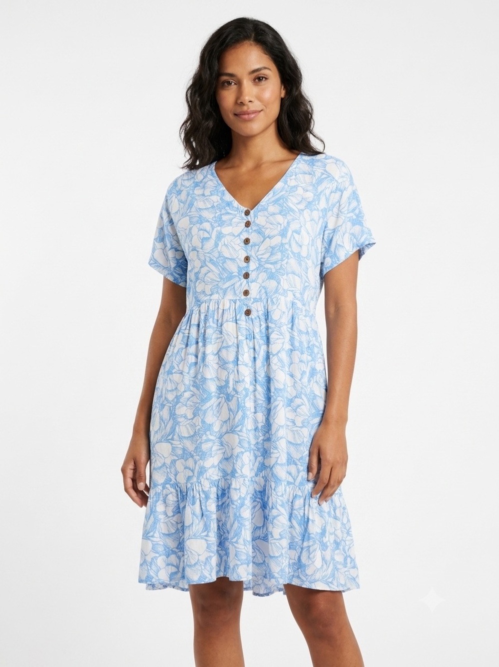 V-Neck Short Sleeve Blue Floral Midi Dress size S/M Summer vibes
